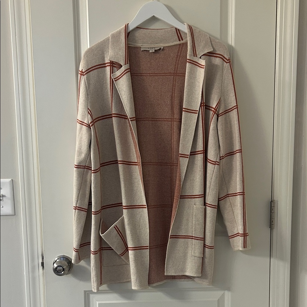 LOFT Beige and Rust Open-Front Cardigan